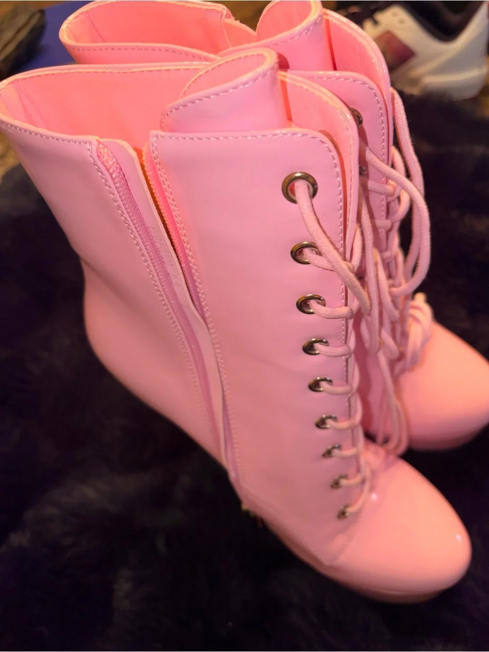 NEW Pink Patent Lace-Up Platform Stiletto Ankle Boots | Side Zip | Size 8.5